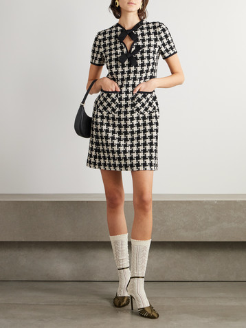 Valentino Garavani Bow-embellished crepe-trimmed checked tweed mini dress