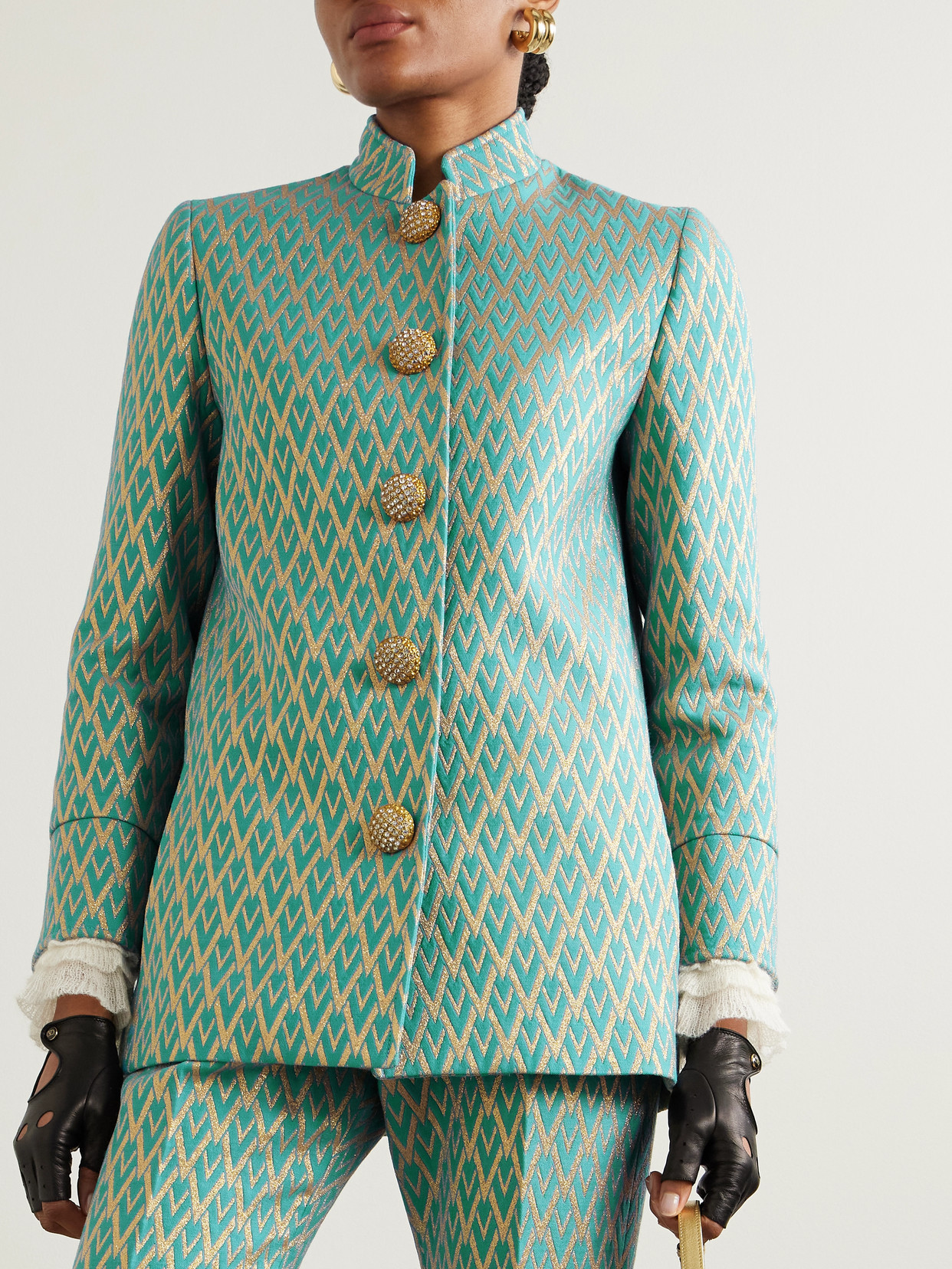 Valentino Crystal-embellished Metallic Wool-blend Jacquard Jacket In Blue