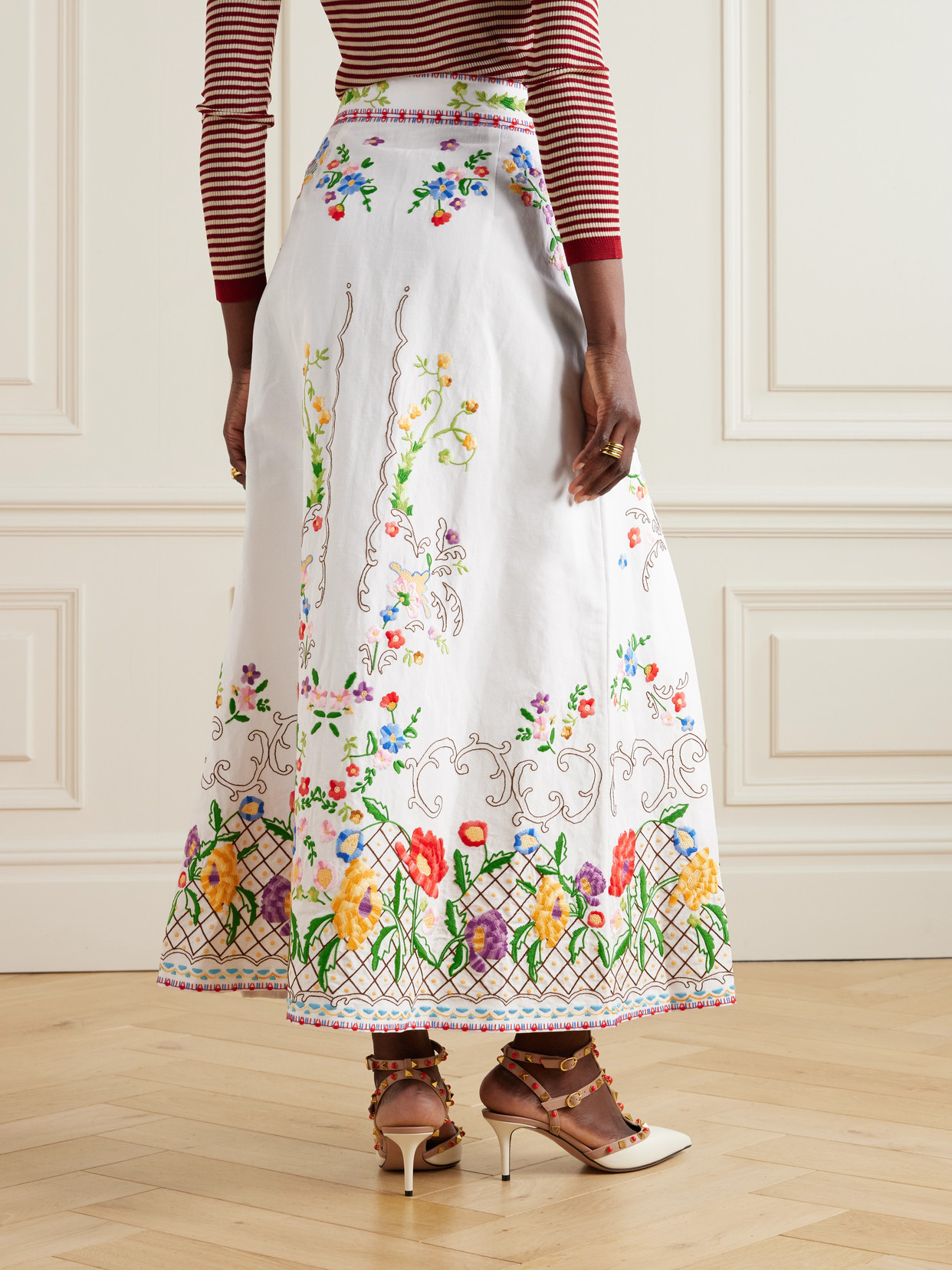 Valentino Pleated Embroidered Cotton, Linen And Silk-blend Midi Skirt In White