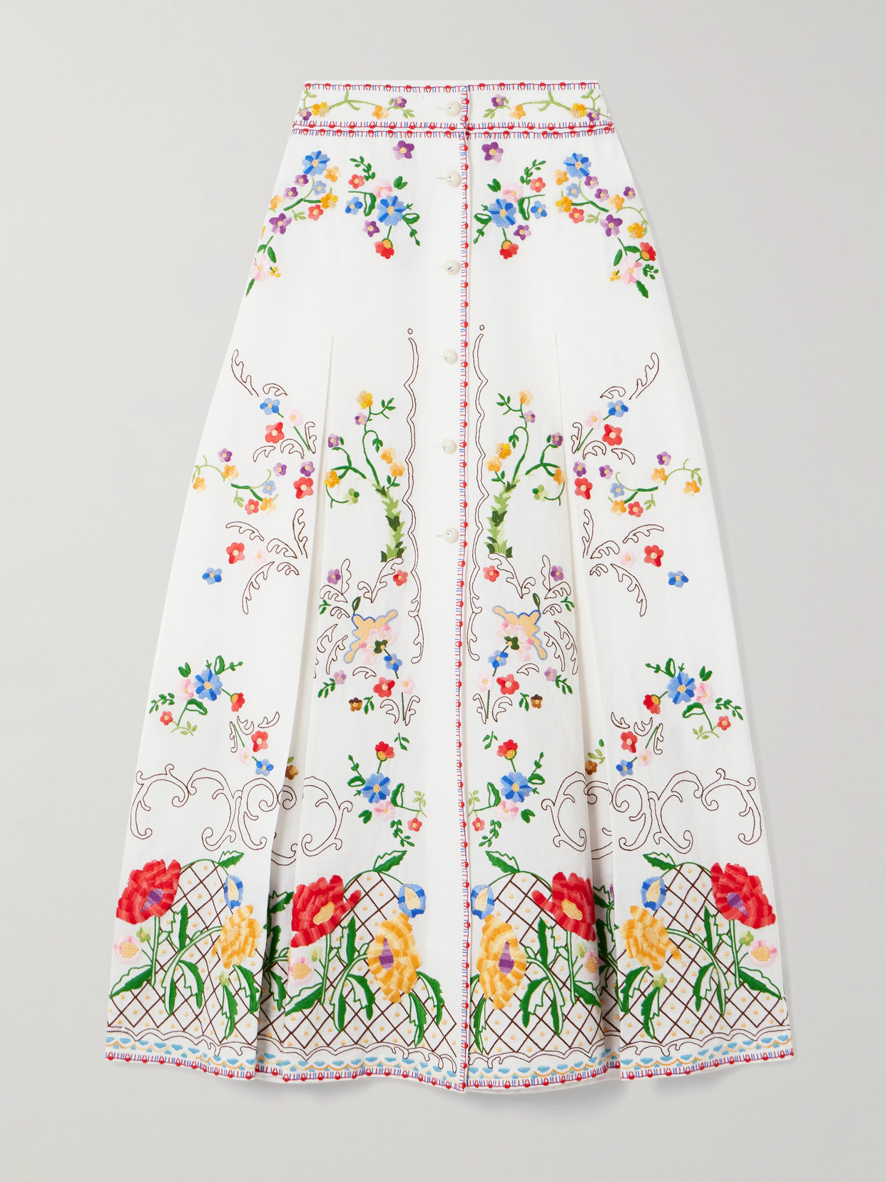 Valentino Pleated Embroidered Cotton, Linen And Silk-blend Midi Skirt In White