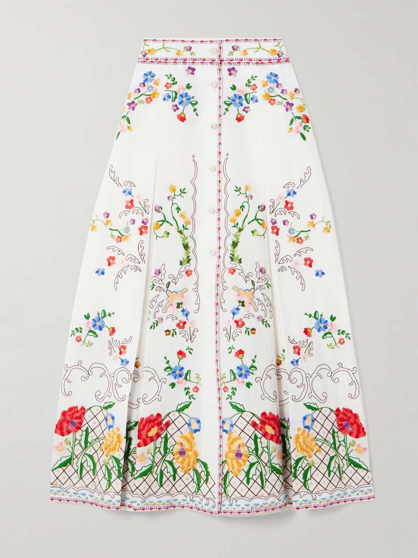 Valentino Garavani Pleated Embroidered Cotton, Linen And Silk-blend Midi Skirt