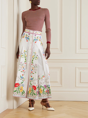 Valentino Garavani Pleated embroidered cotton, linen and silk-blend midi skirt