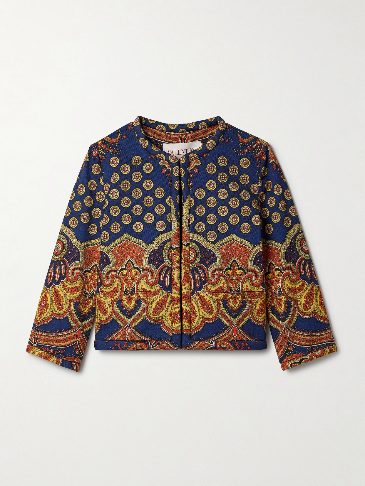 Valentino Womens Indaco Arancio Giallo Paisley-pattern Cropped Cotton Jacket In Blue