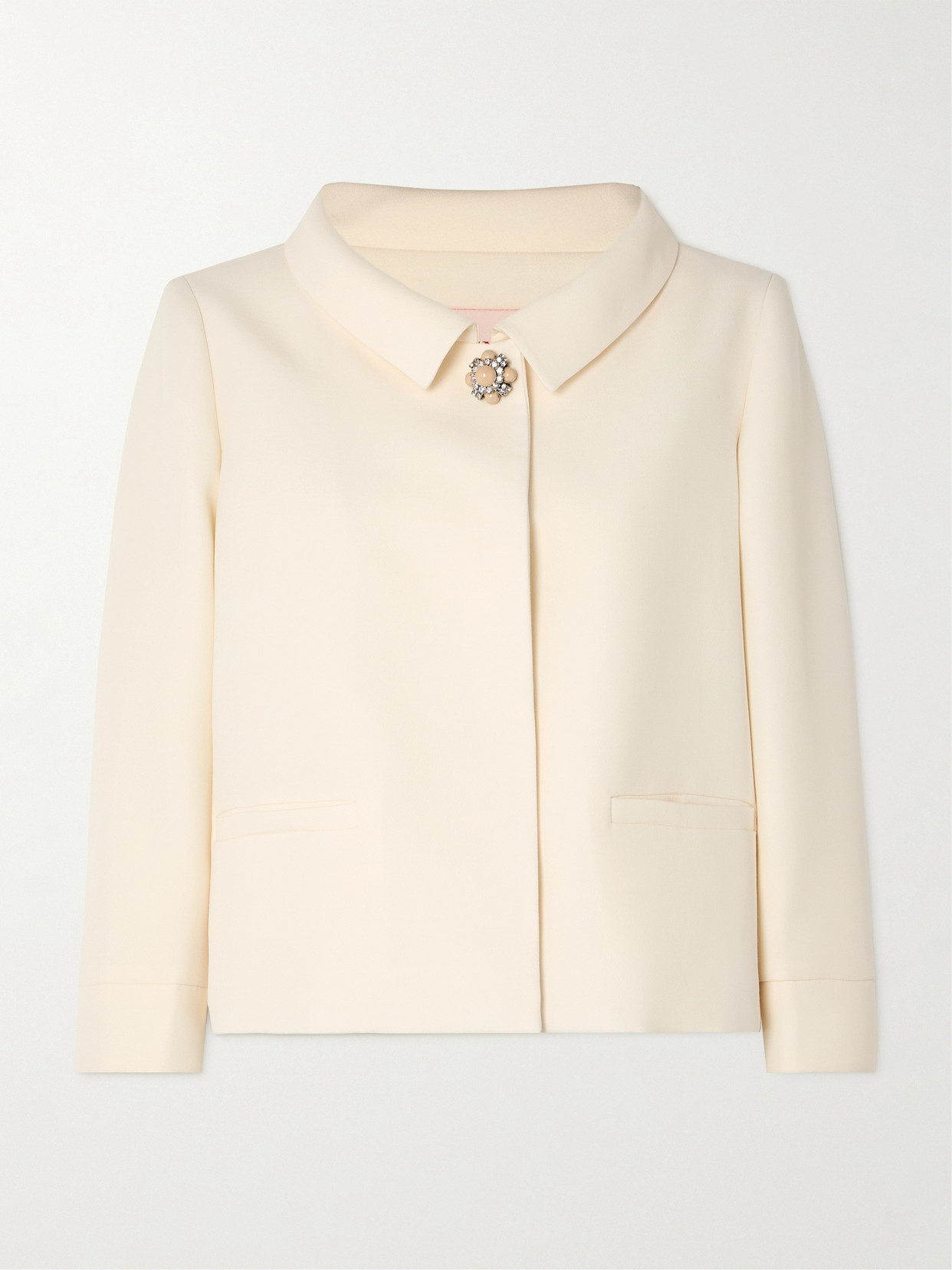 Valentino Garavani White Jacket With Spread Collar And Front Jewel Button In Wool And Silk Woman In Ivory
