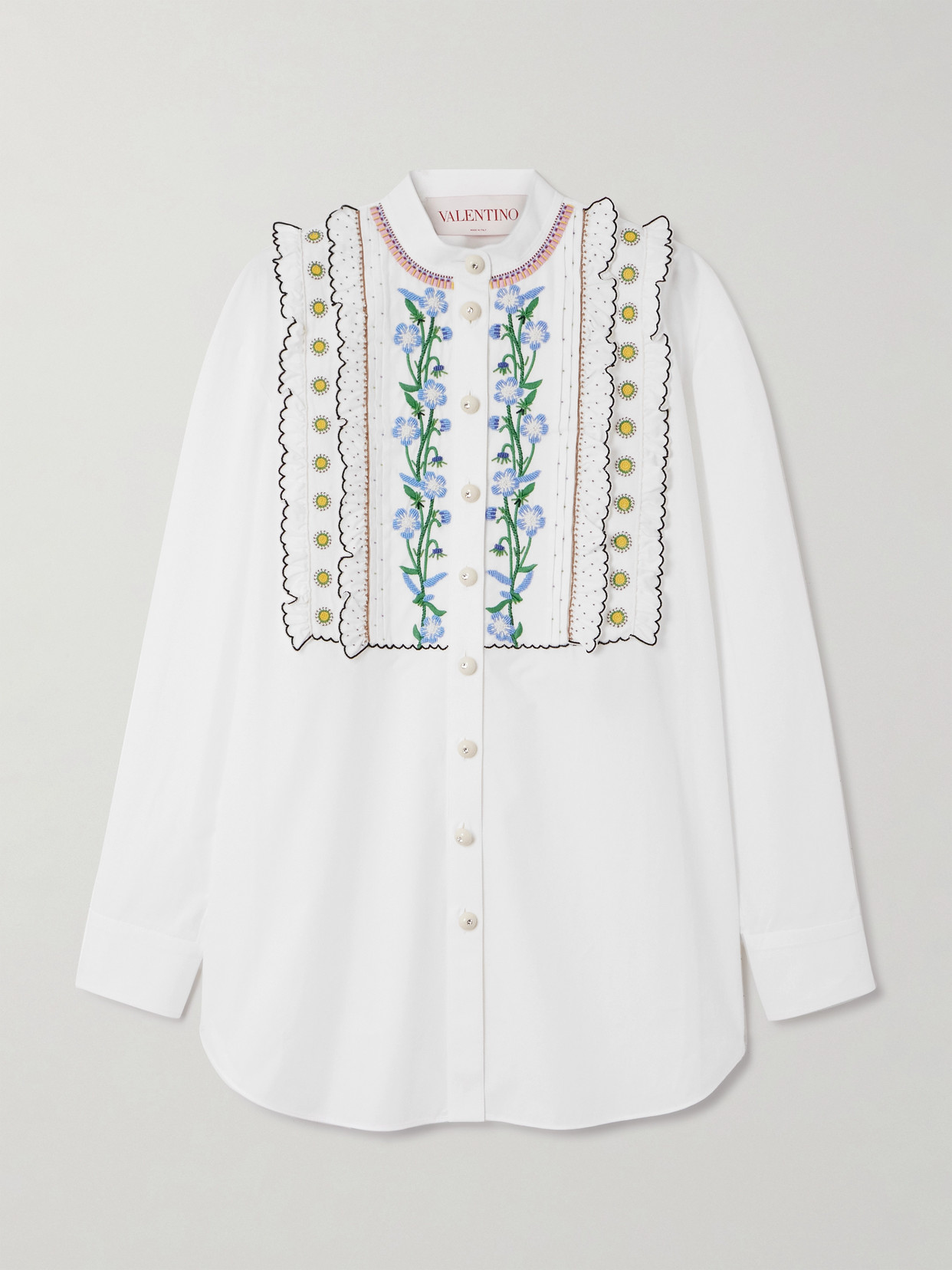 Valentino Ruffled Pleated Embellished Cotton-poplin Shirt In White