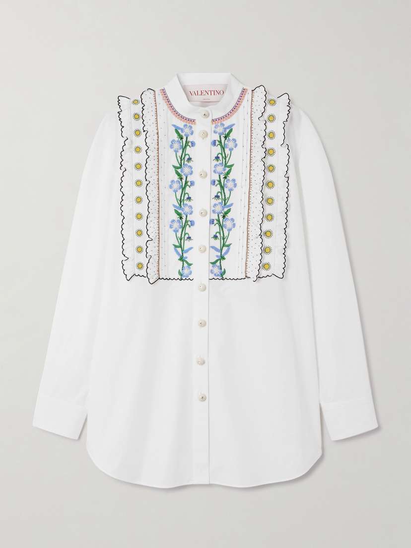 Valentino Garavani Ruffled Pleated Embellished Cotton-poplin Shirt