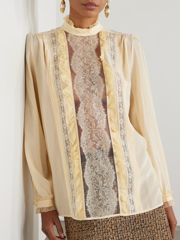 Valentino Garavani Ruffled pintucked lace-trimmed silk crepe de chine blouse