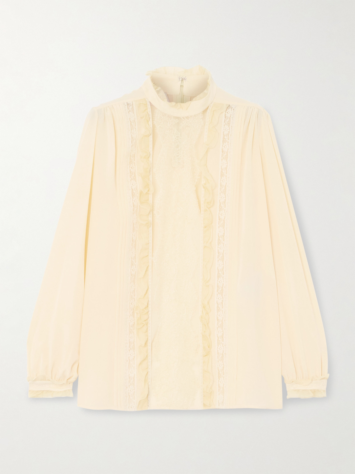 Valentino Garavani - Ruffled Pintucked Lace-trimmed Silk Crepe De Chine Blouse - Yellow