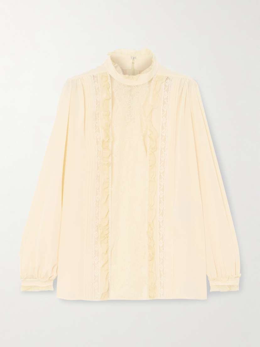 Valentino Garavani Ruffled Pintucked Lace-trimmed Silk Crepe De Chine Blouse