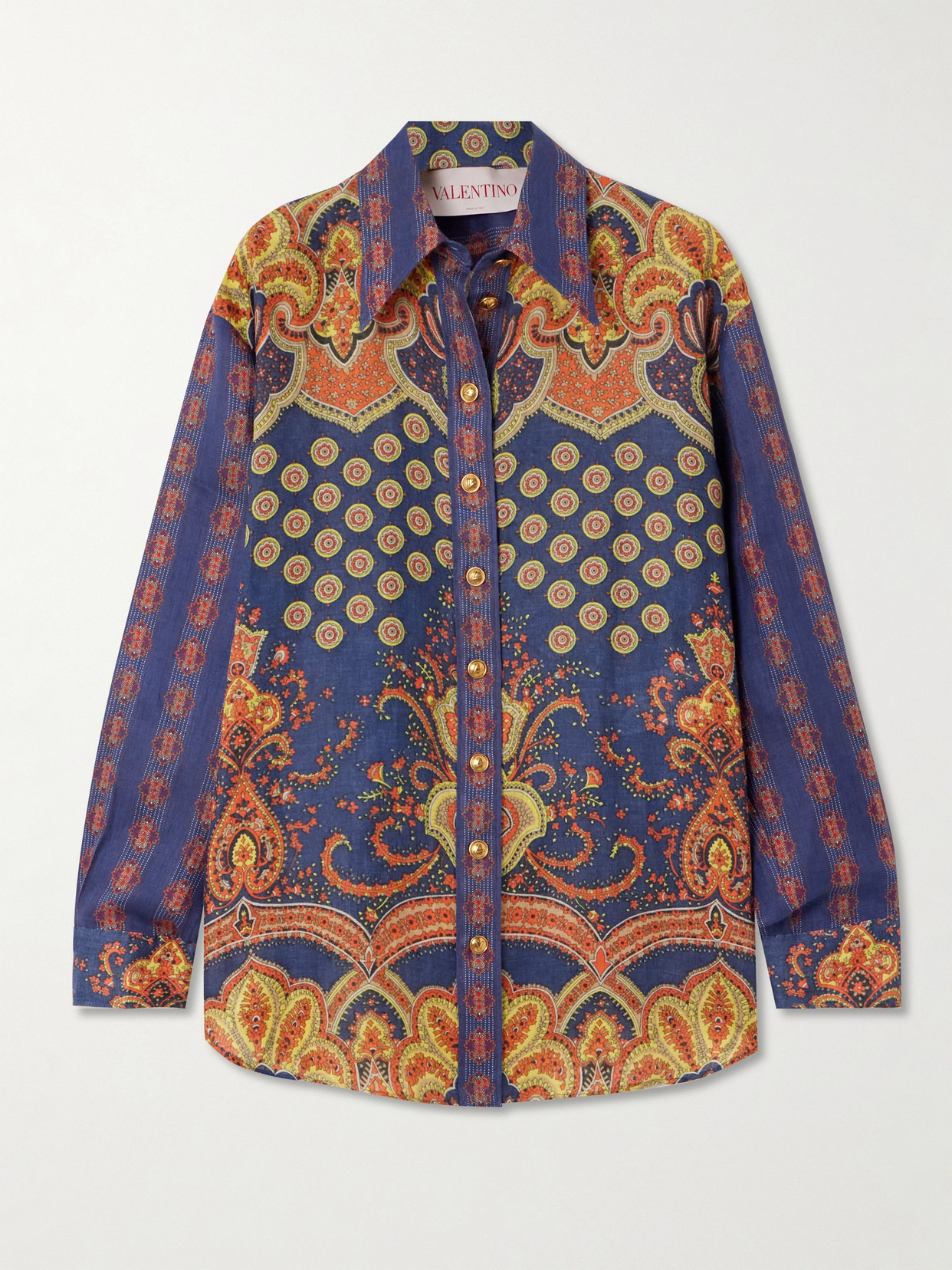 Valentino Garavani Women Paisley Linen Shirt With Medaglioni Voyage Imaginaire Pattern In Blue