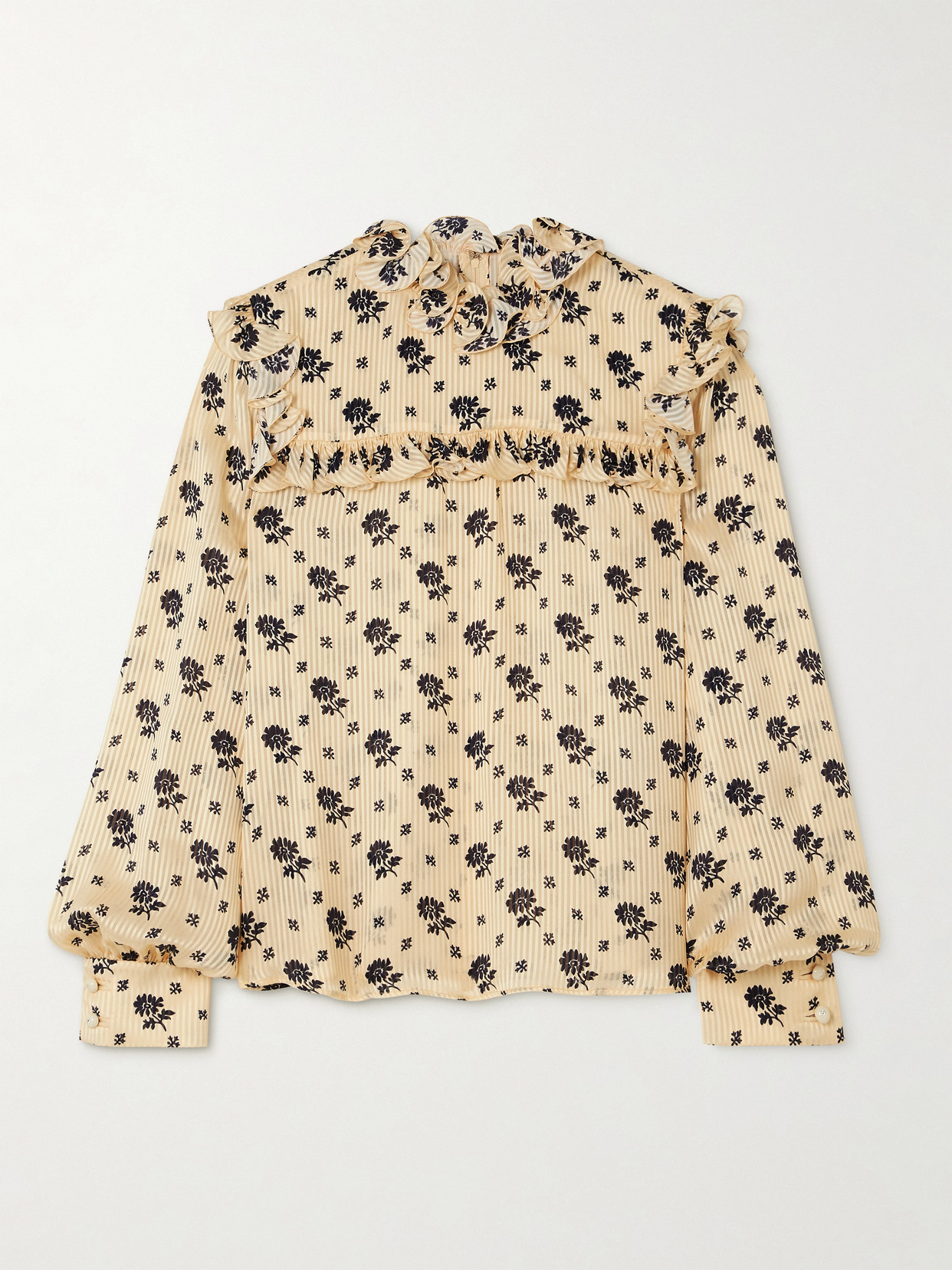Valentino Ruffled Printed Striped Silk-jacquard Blouse In Neutrals