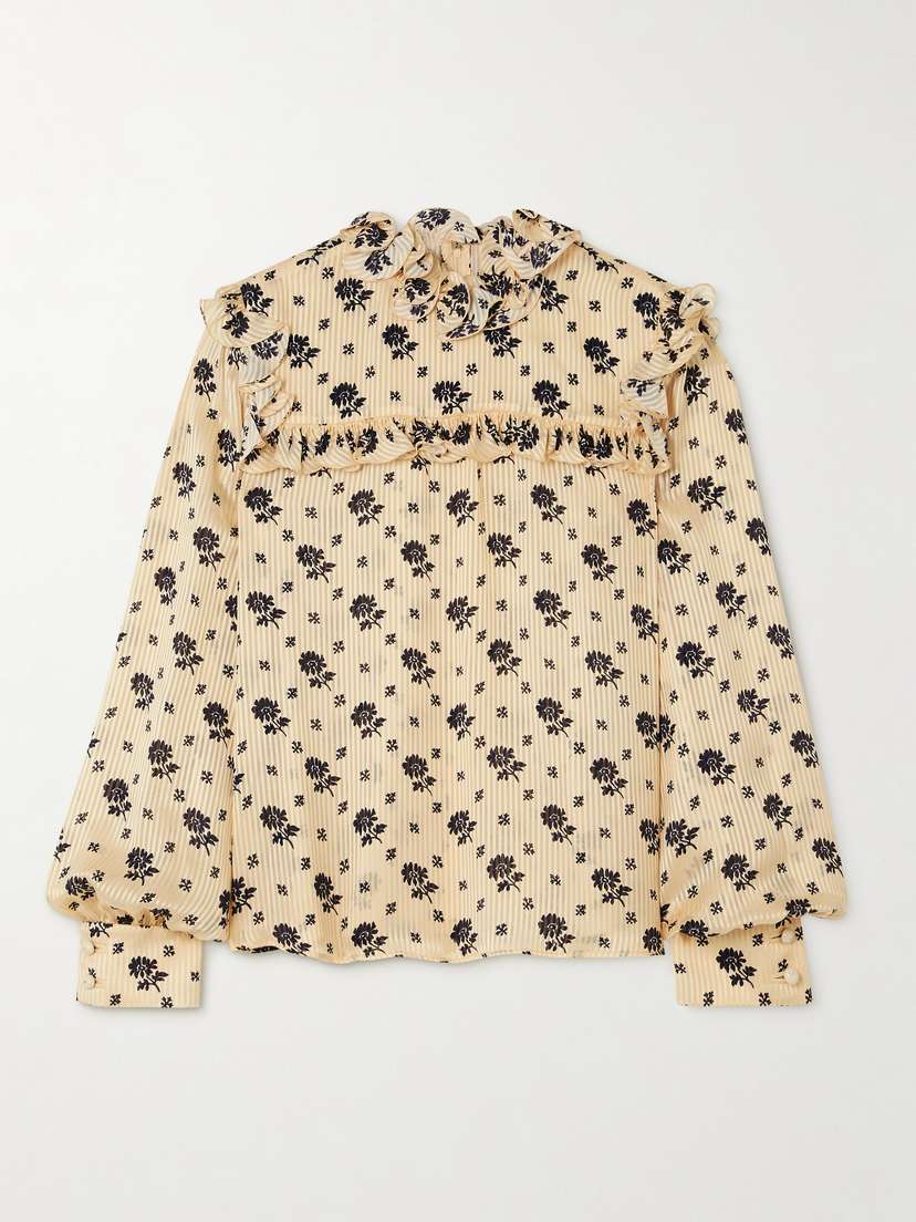 Valentino Garavani Ruffled Printed Striped Silk-jacquard Blouse