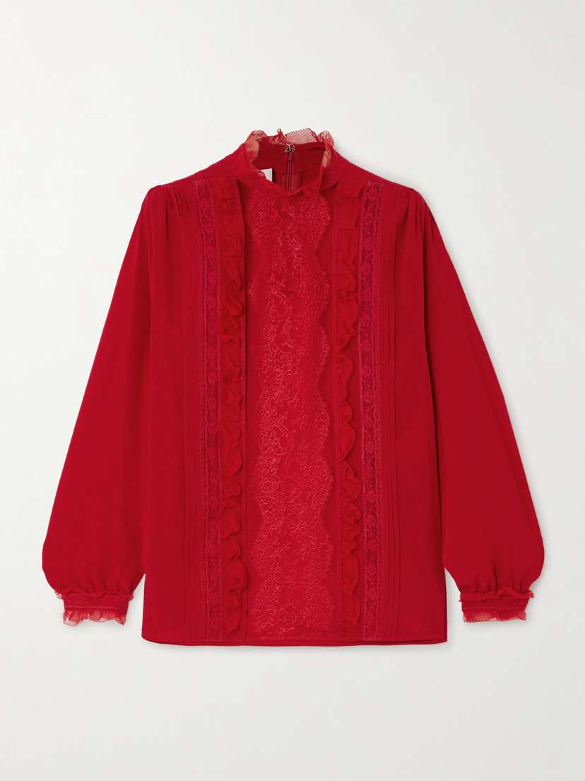 Valentino Garavani Ruffled Pintucked Lace-trimmed Silk Crepe De Chine Blouse