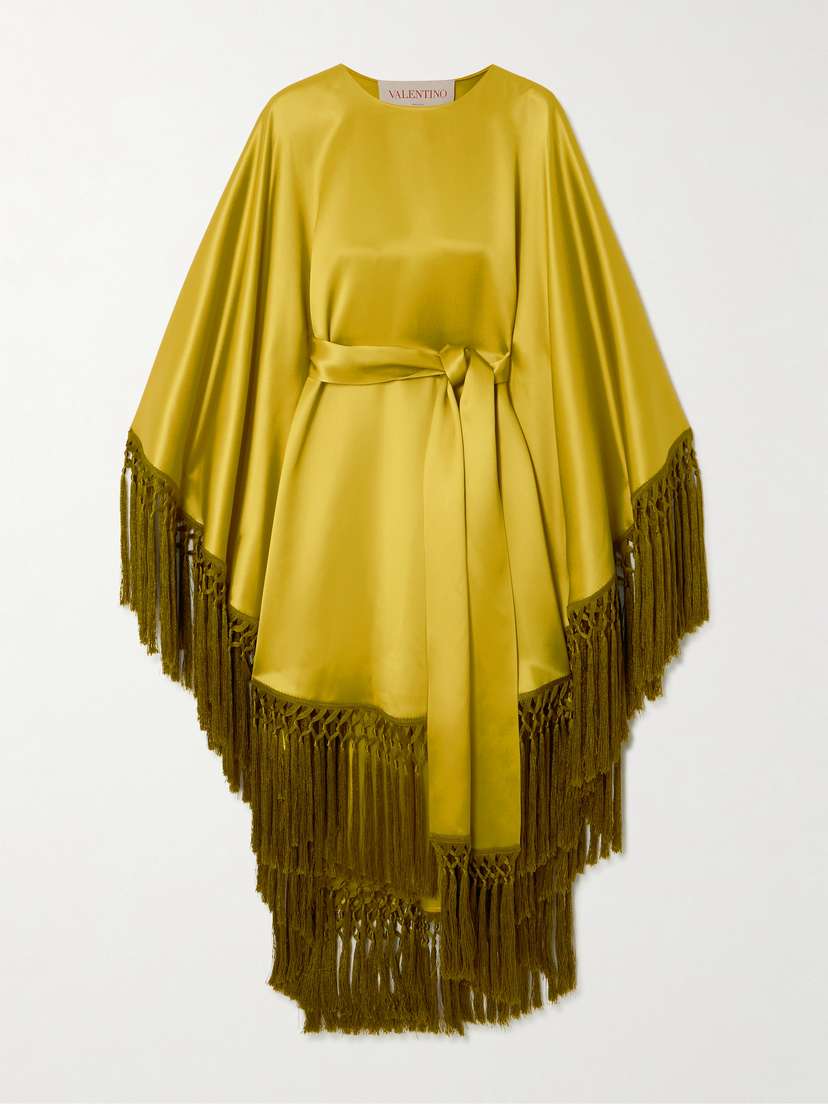 Valentino Garavani Belted Fringed Draped Duchesse Silk-satin Dress