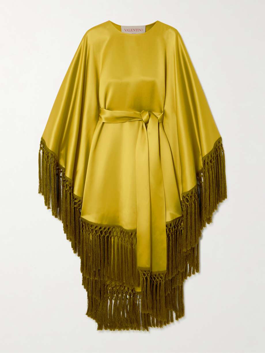 belted fringed draped duchesse silk-satin dress