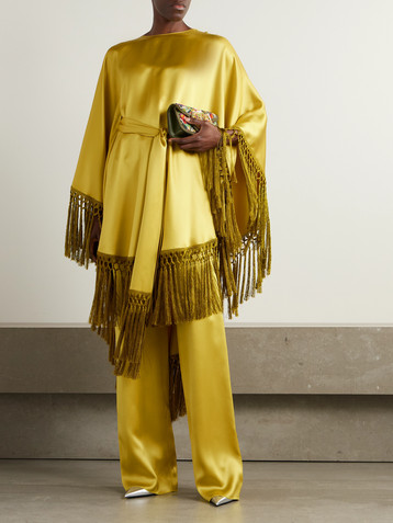 Valentino Garavani Belted fringed draped duchesse silk-satin dress