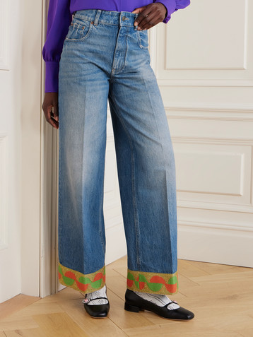 Valentino Garavani Metallic jacquard-trimmed high-rise wide-leg jeans