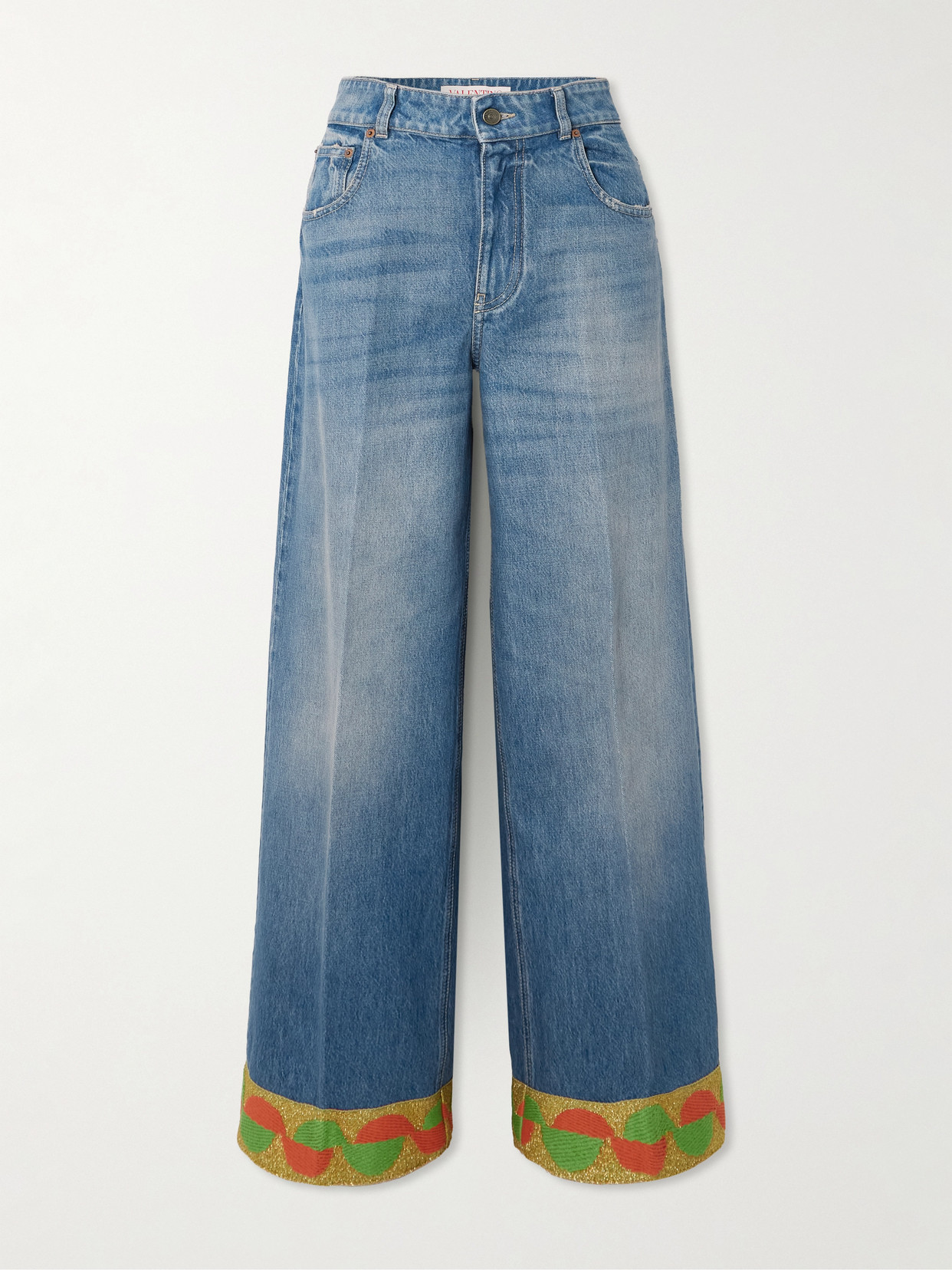 Valentino Garavani Light Blue Jeans With Logo Patch On The Back And Jacquard Cuffs In Denim Woman In Blue