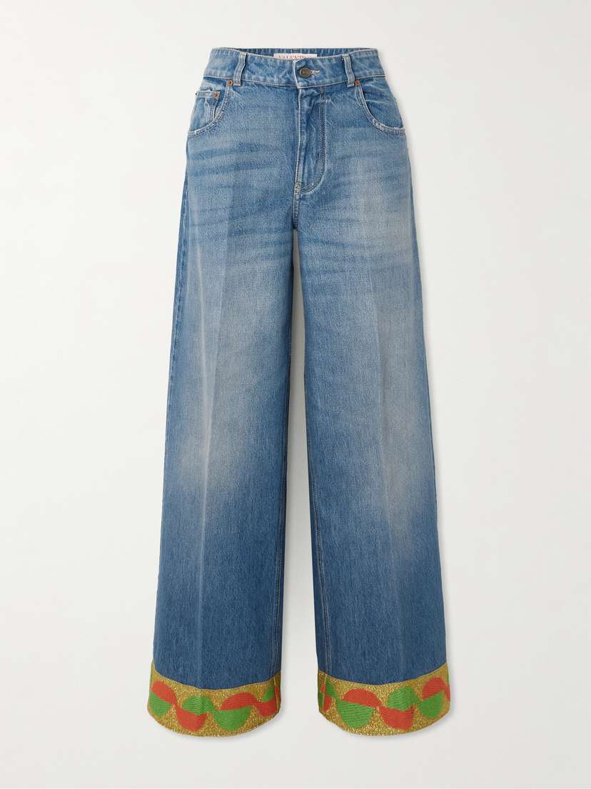 Valentino Garavani Metallic Jacquard-trimmed High-rise Wide-leg Jeans