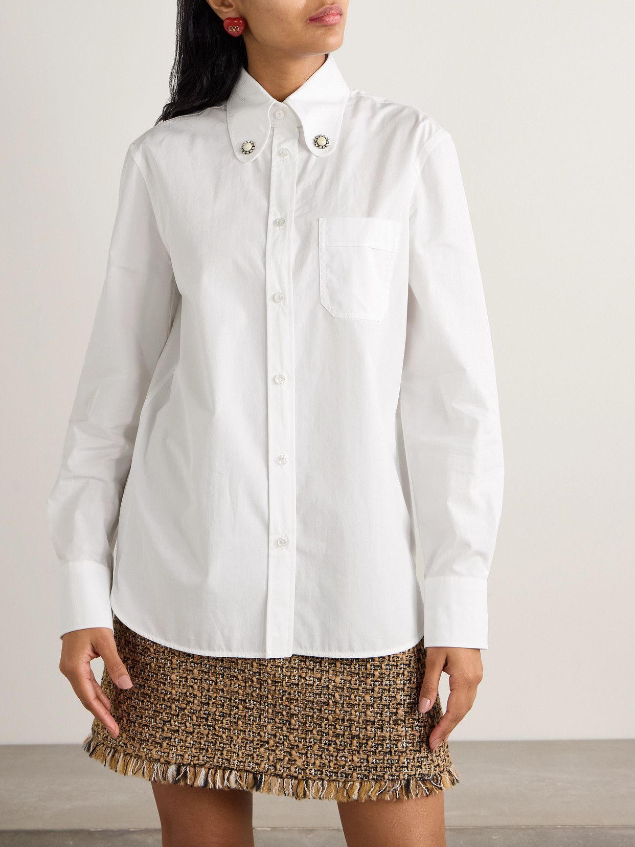 Valentino Faux Pearl-embellished Cotton Poplin Shirt In White