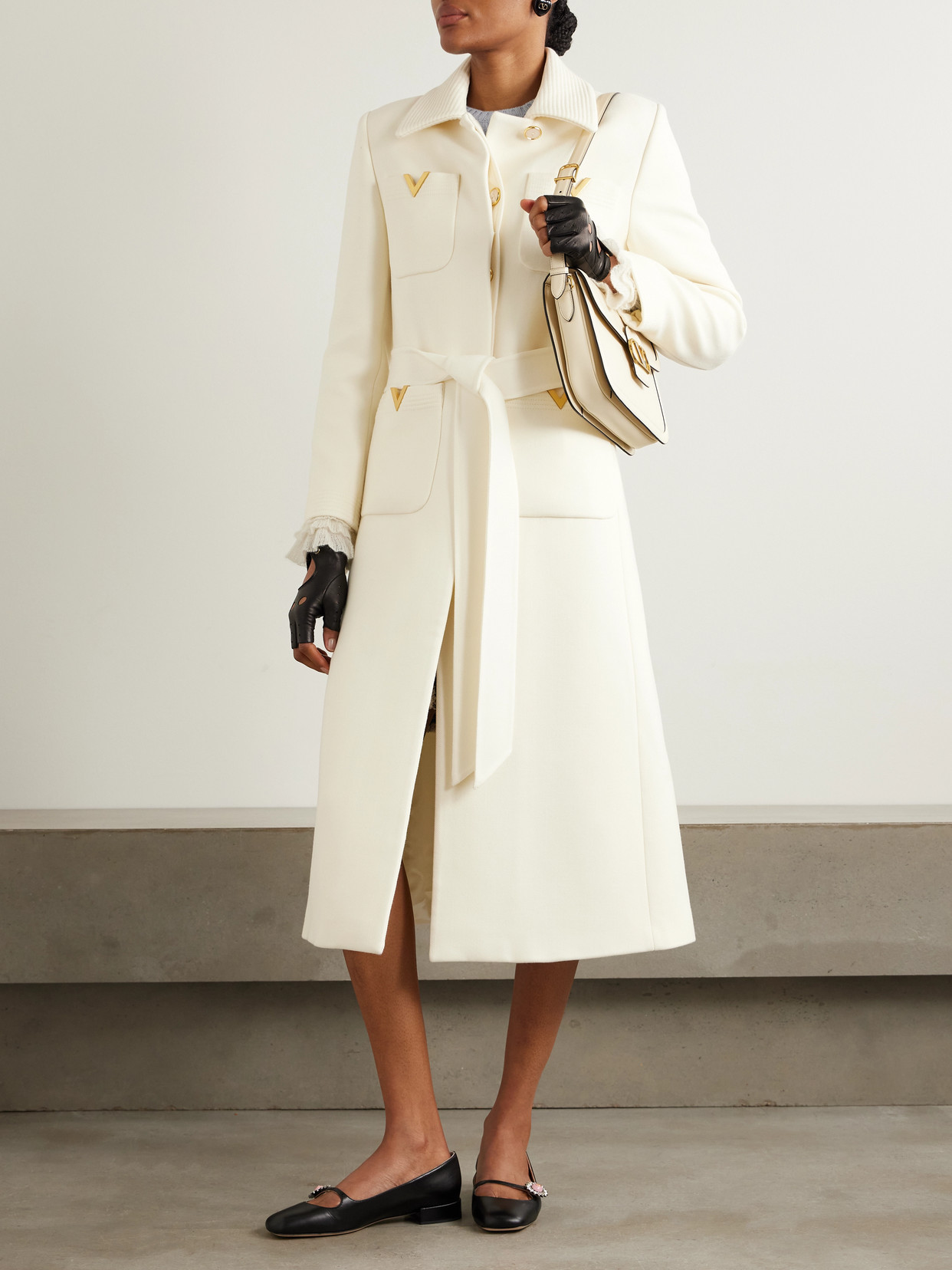 Valentino Womens Brand-hardware Single-breasted Wool-blend Long Coat Avorio In Ivory