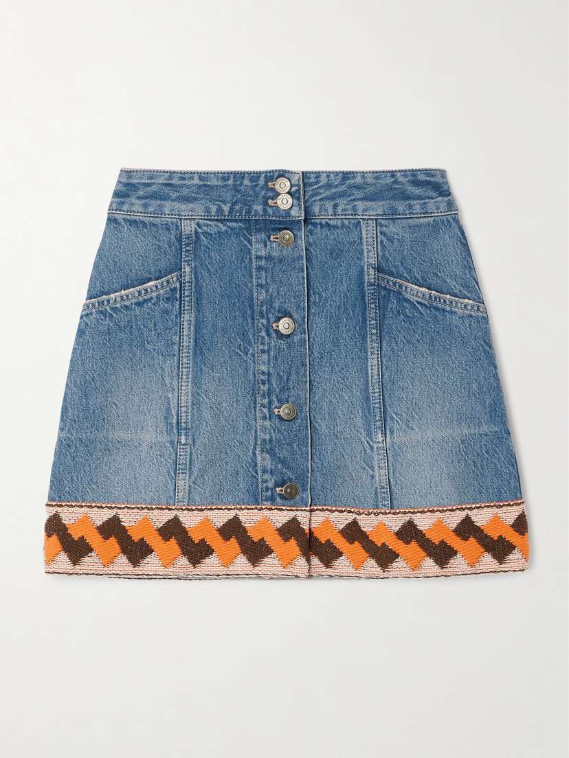 Valentino Garavani — Jacquard-trimmed paneled denim mini skirt