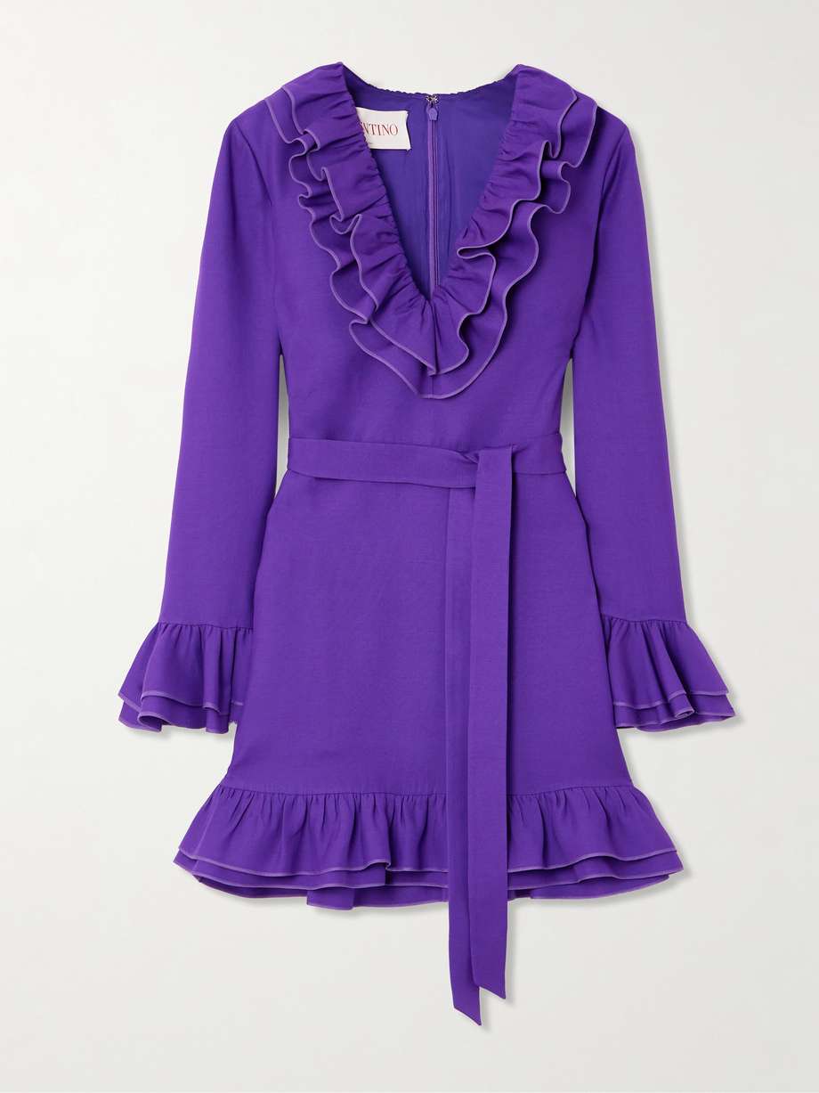 belted ruffled wool and silk-blend crepe mini dress