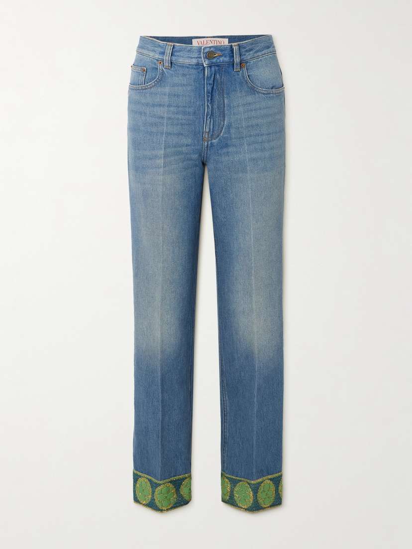 Valentino Garavani Metallic Jacquard-trimmed Straight-leg Jeans