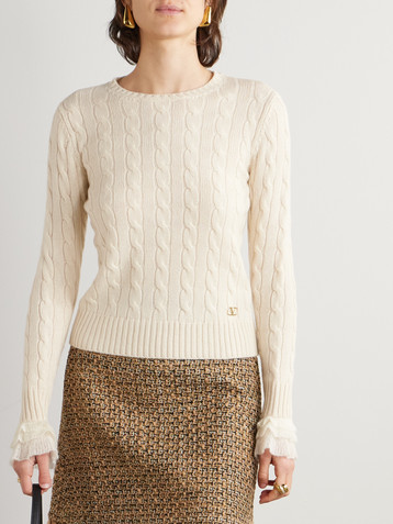 Valentino Garavani Ruffle-trimmed embellished cable-knit cashmere sweater