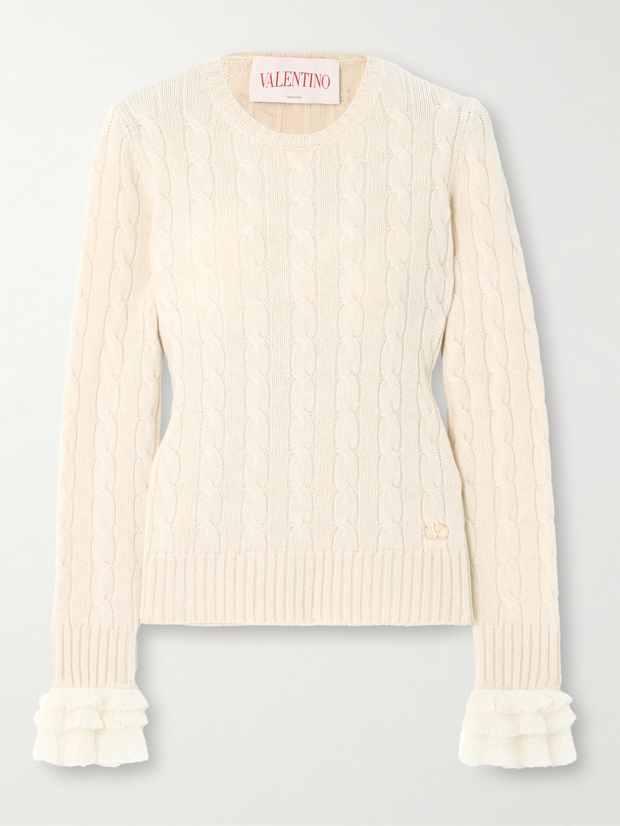 Valentino Ruffle-trimmed Embellished Cable-knit Cashmere Sweater In Orange