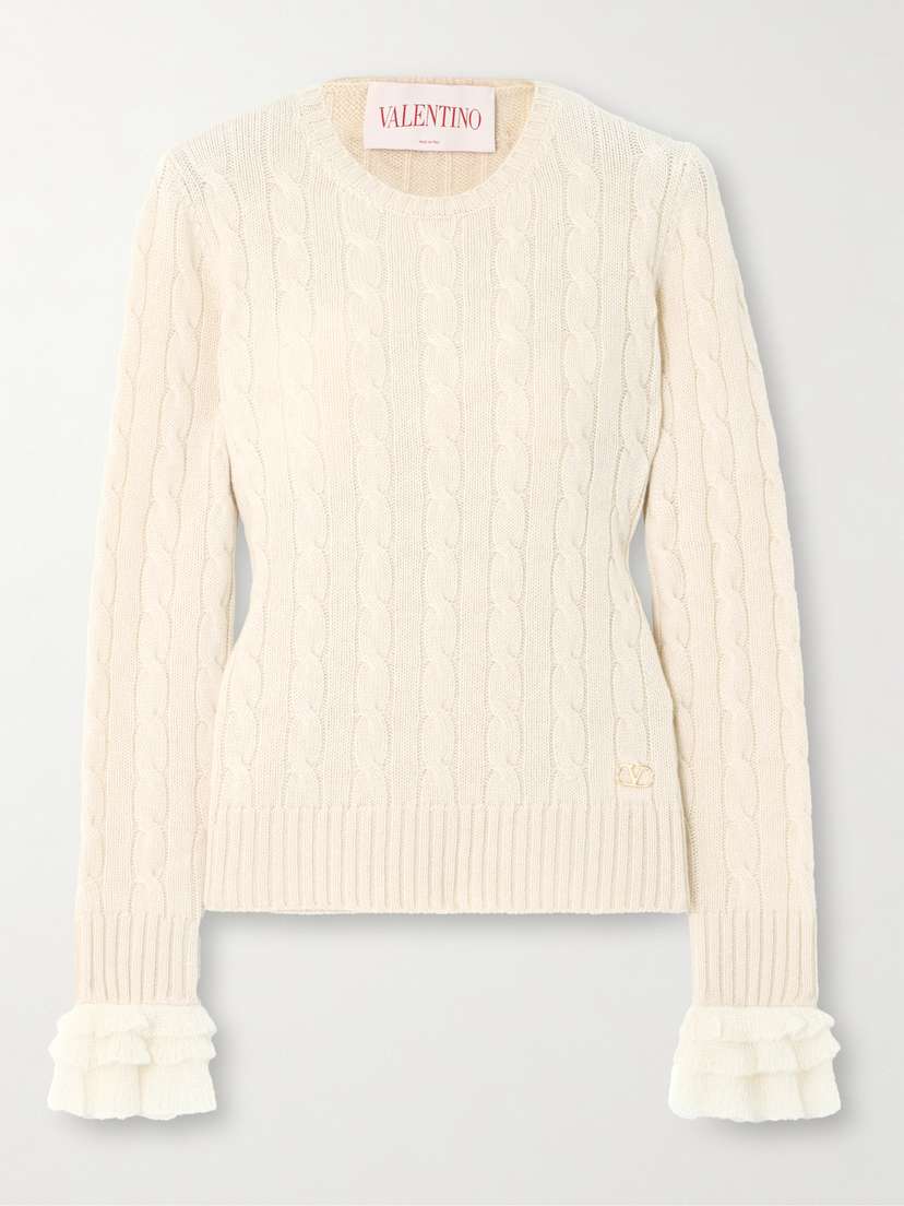 Valentino Garavani Ruffle-trimmed Embellished Cable-knit Cashmere Sweater