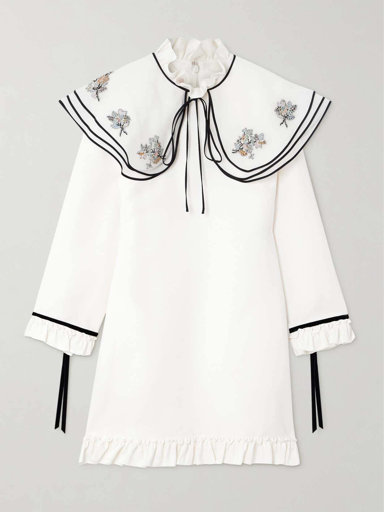 Valentino Garavani - Embellished Cape-effect Ruffled Wool And Silk-blend Crepe Mini Dress - White