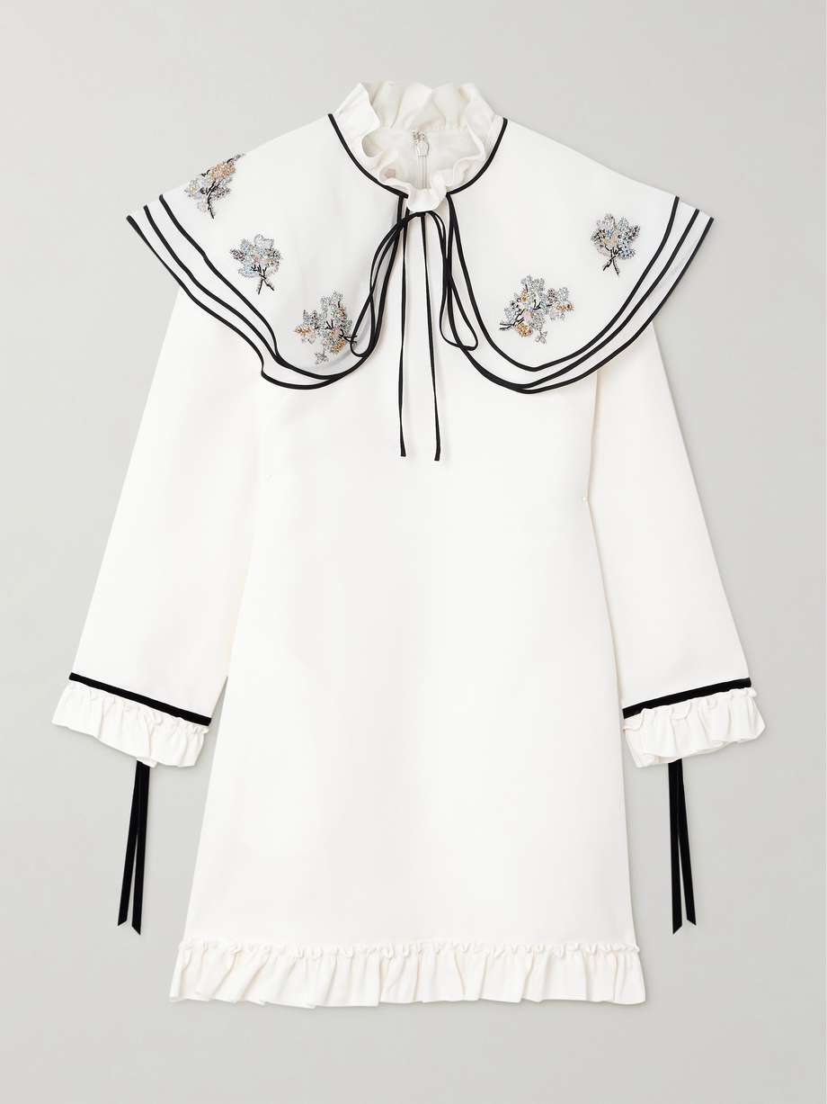 embellished cape-effect ruffled wool and silk-blend crepe mini dress