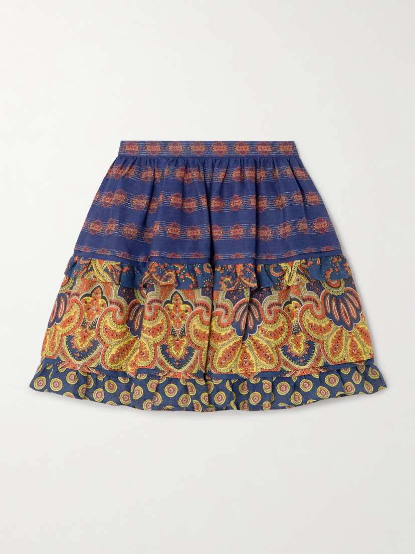 Valentino Garavani — Tiered embroidered paisley-print linen mini skirt