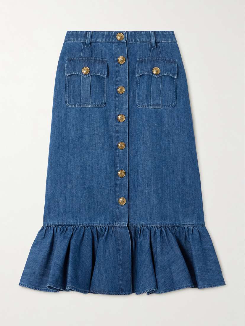Valentino Garavani Ruffled Denim Midi Skirt