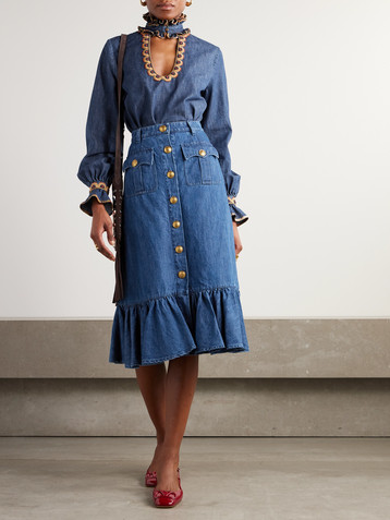 Valentino Garavani Ruffled denim midi skirt