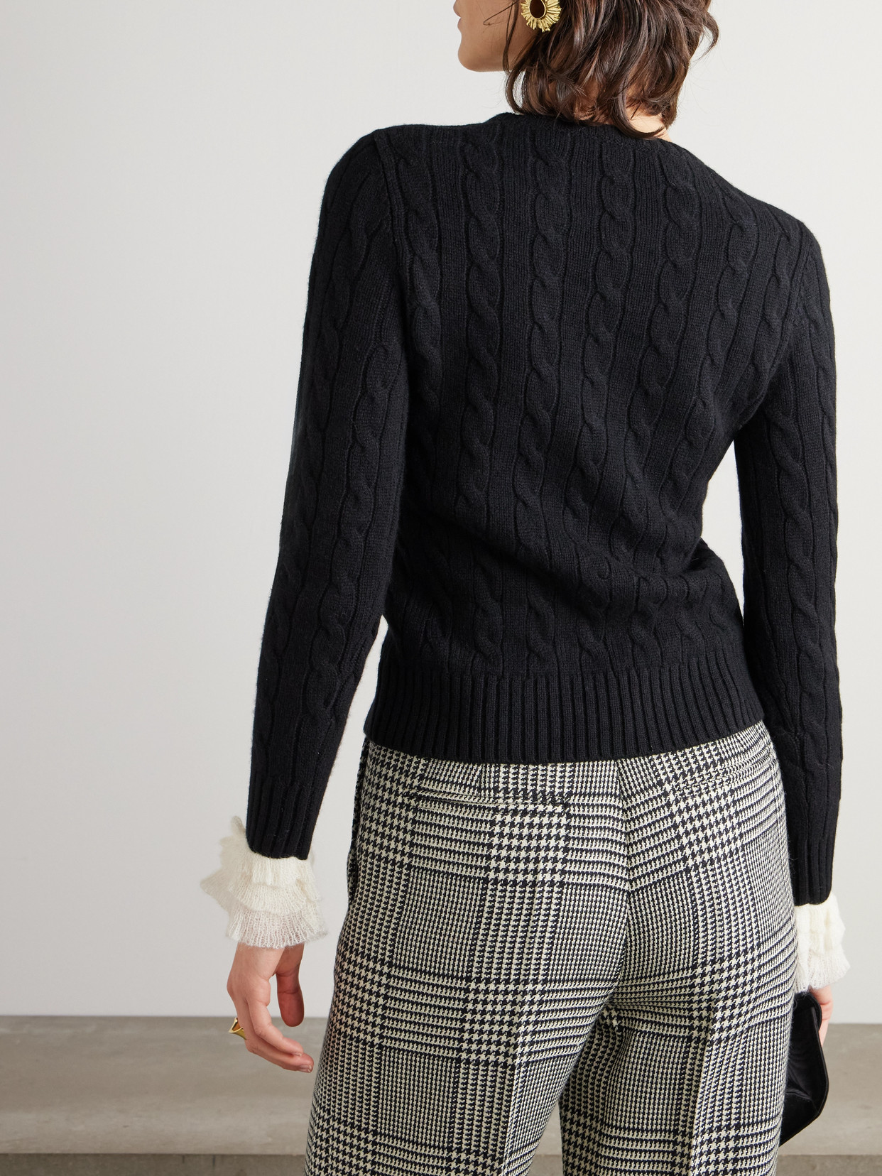 Valentino Ruffle-trimmed Embellished Cable-knit Cashmere Sweater In Black