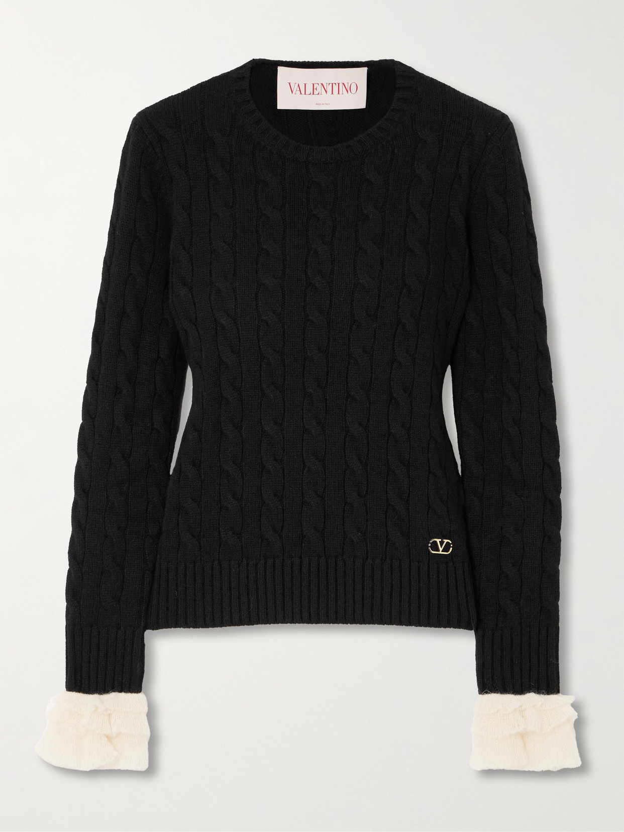 Valentino Ruffle-trimmed Embellished Cable-knit Cashmere Sweater In Black