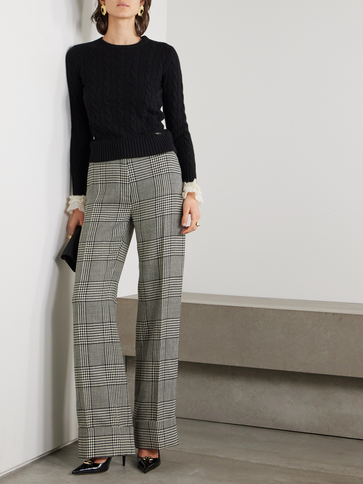 Valentino Ruffle-trimmed Embellished Cable-knit Cashmere Sweater In Black