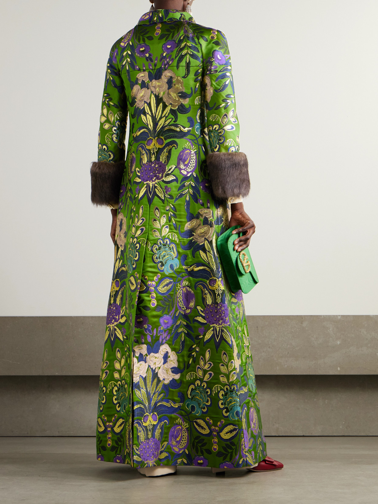 VALENTINO APRÈS L'HIVER SHEARLING-TRIMMED METALLIC BROCADE COAT