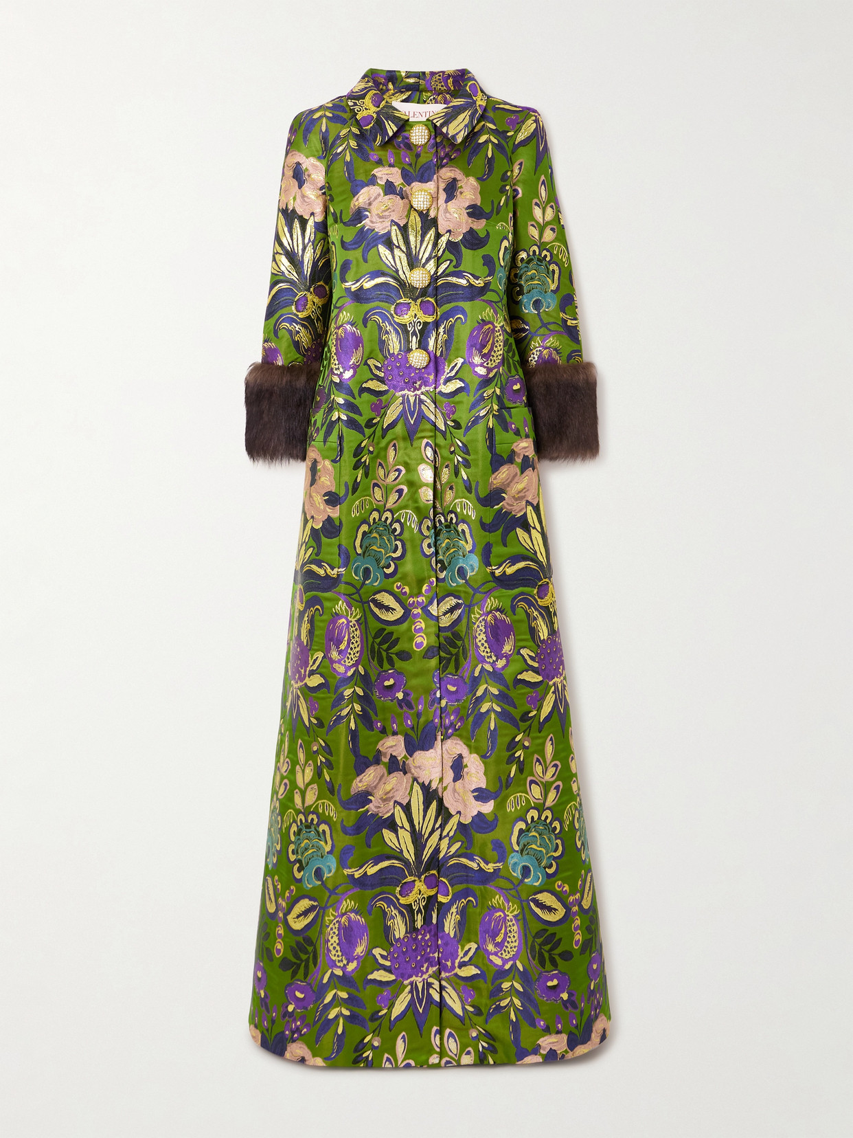Valentino Après L'hiver Shearling-trimmed Metallic Brocade Coat In Green