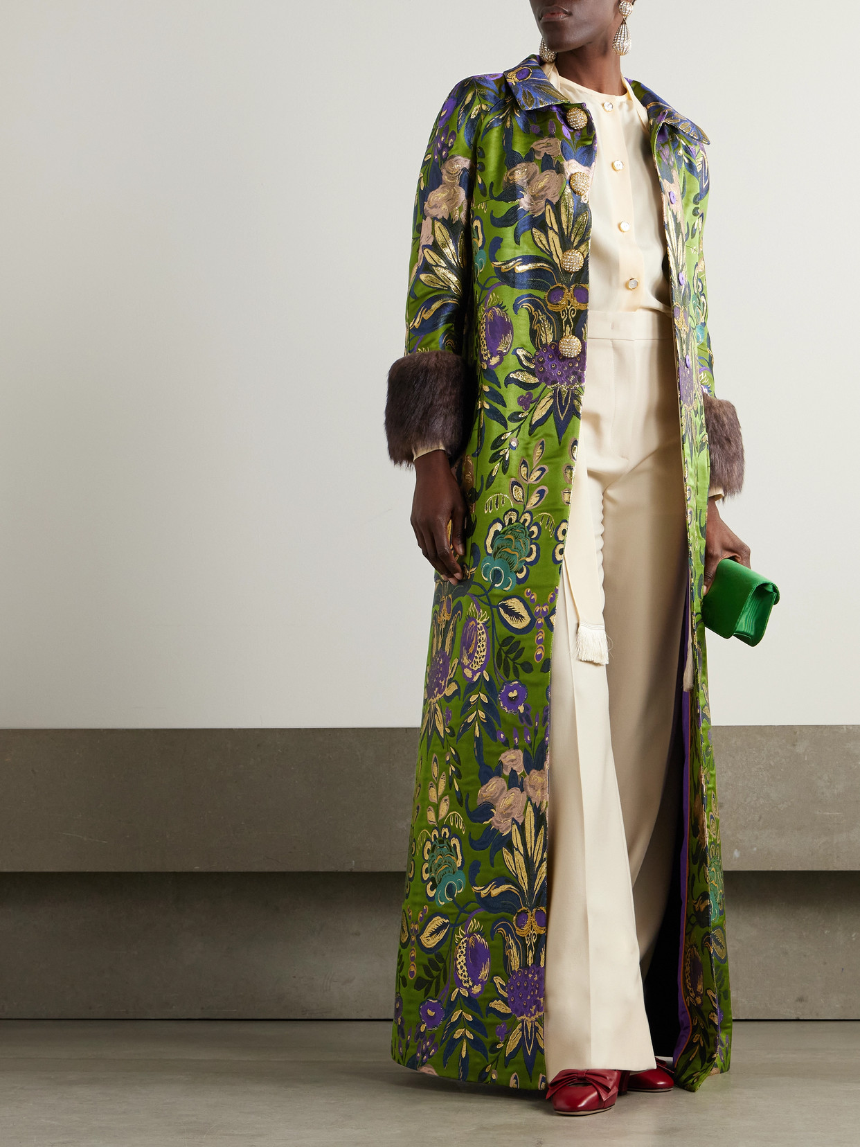 VALENTINO APRÈS L'HIVER SHEARLING-TRIMMED METALLIC BROCADE COAT