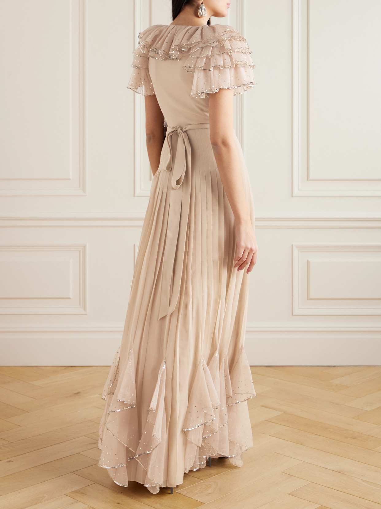 Valentino Belted Ruffled Embellished Silk-georgette Gown In Brown
