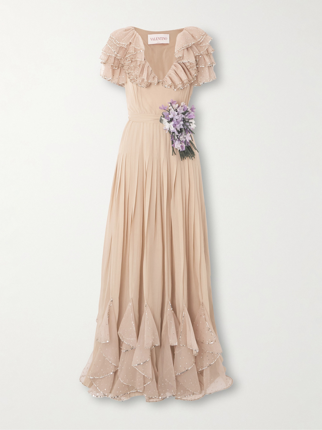 Valentino Belted Ruffled Embellished Silk-georgette Gown In Brown