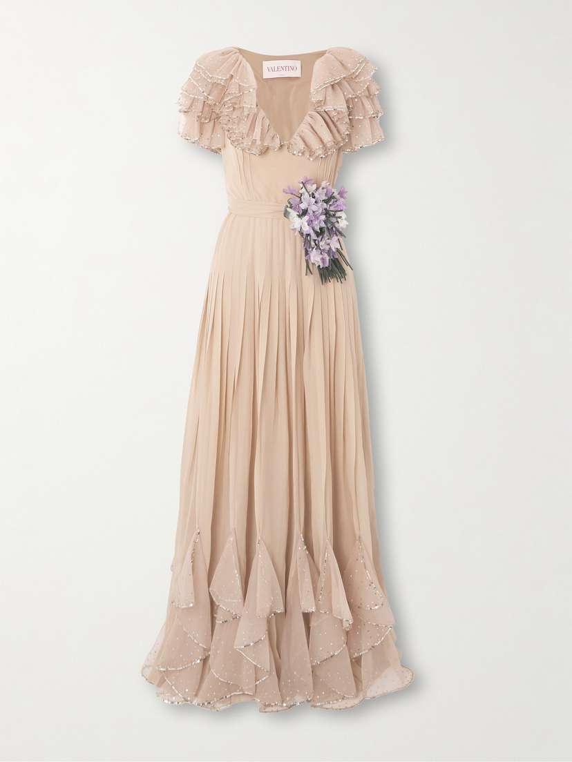 Valentino Garavani — Belted ruffled embellished silk-georgette gown