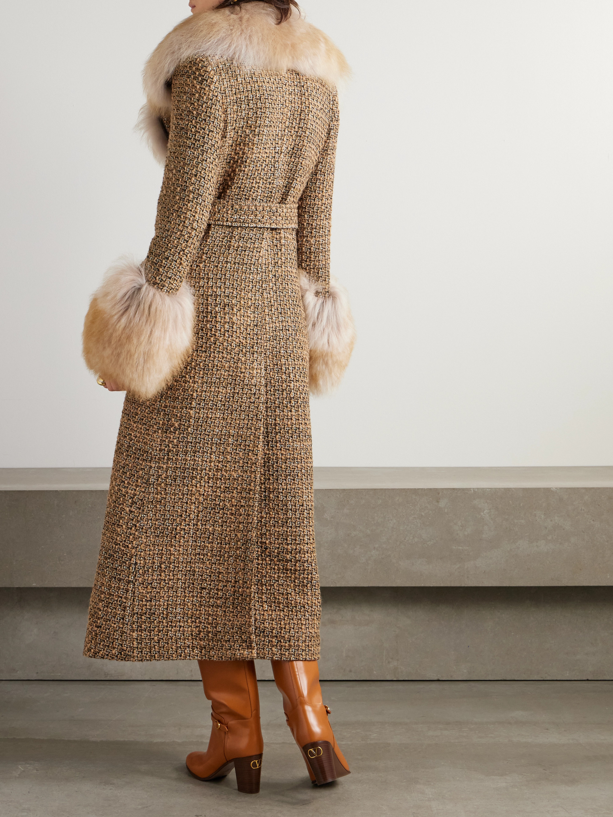 Valentino - Faux fur-trimmed belted wool-blend tweed coat | Plush
