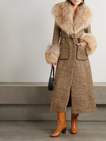 Valentino Faux fur-trimmed belted wool-blend tweed coat