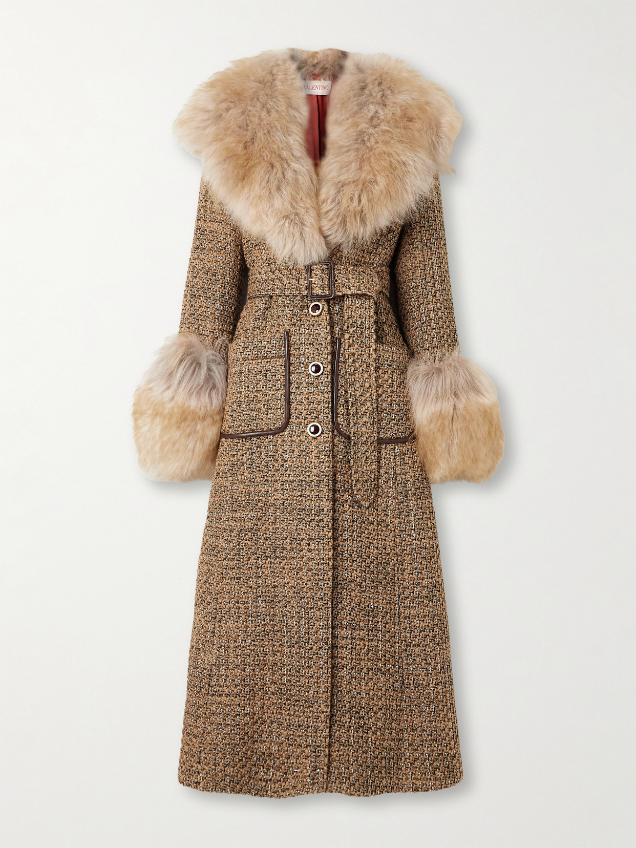 Valentino Faux Fur-trim Tweed Coat In Brown