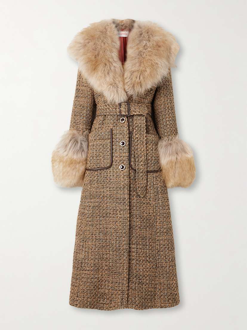 Valentino Garavani Faux Fur-trimmed Belted Wool-blend Tweed Coat