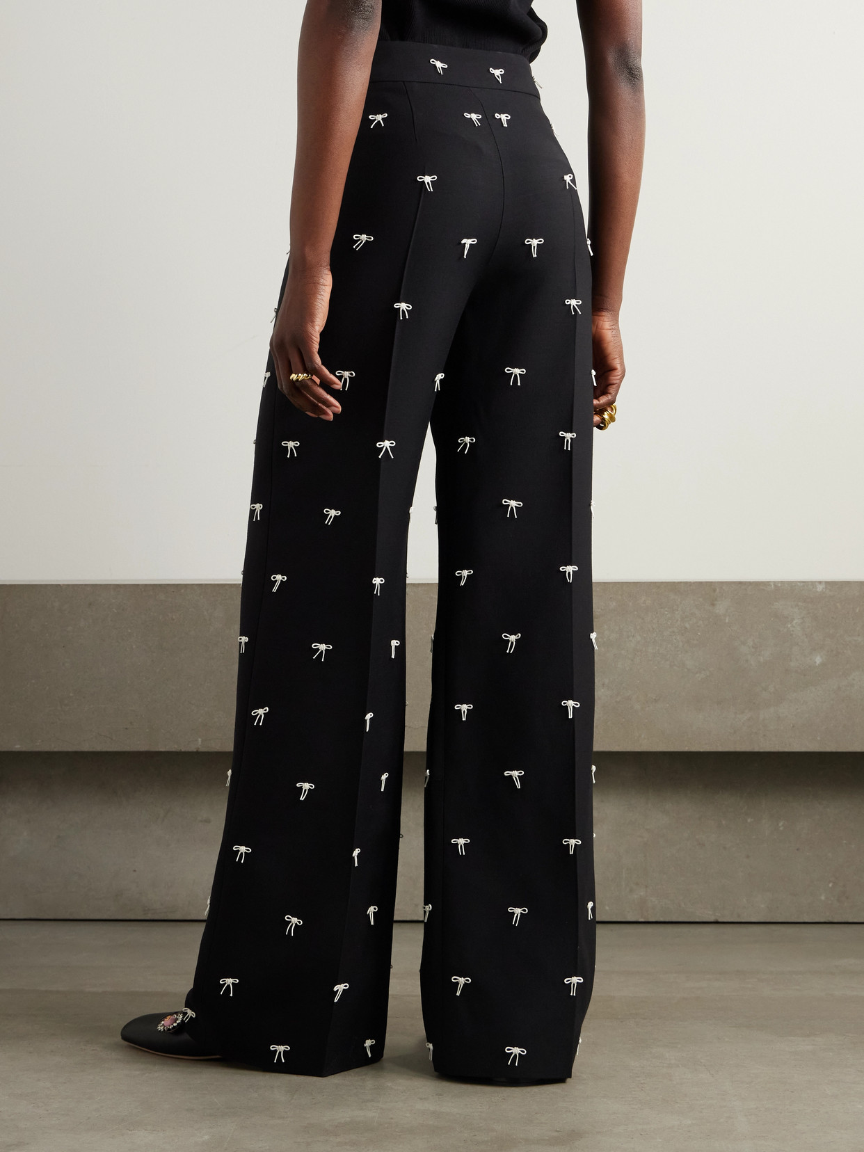 Valentino Bow-embellished Wool And Silk-blend Twill Wide-leg Pants In Black